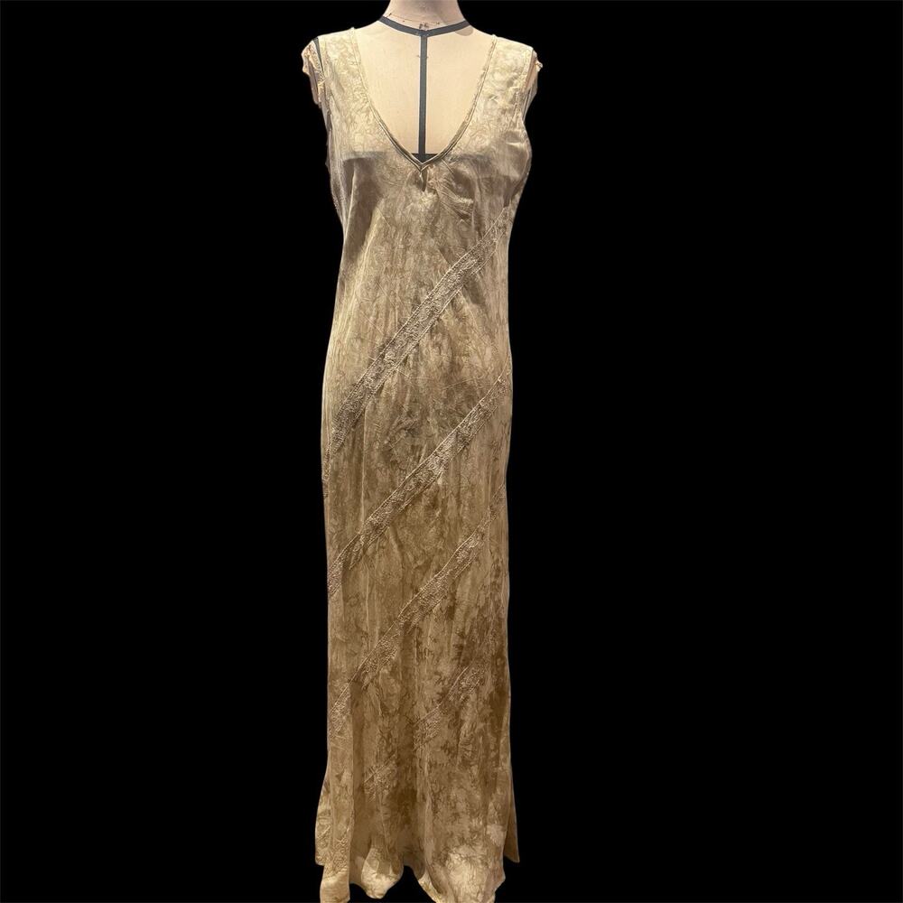 Ann Ferriday VTG Stock Marble Dyed Diagonal Lace Cupro Bias Fairy Boho Dress M